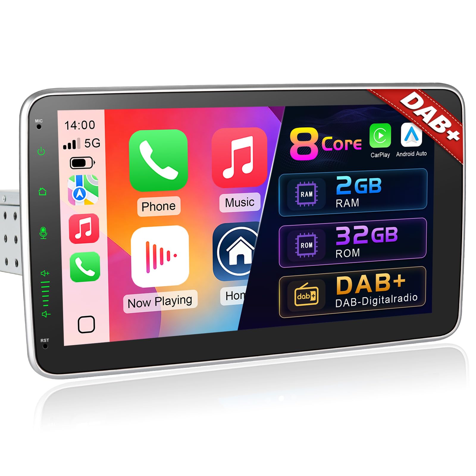 Android DAB Autoradio 1Din Wireless CarPlay Android Auto, 10.1 Zoll Bildschirm 8 Core 2G+32G Car Play Touch Display Bluetooth WiFi 4G GPS DSP AM/FM RDS Auto Radio mit Rückfahrkamera 1 din DAB+