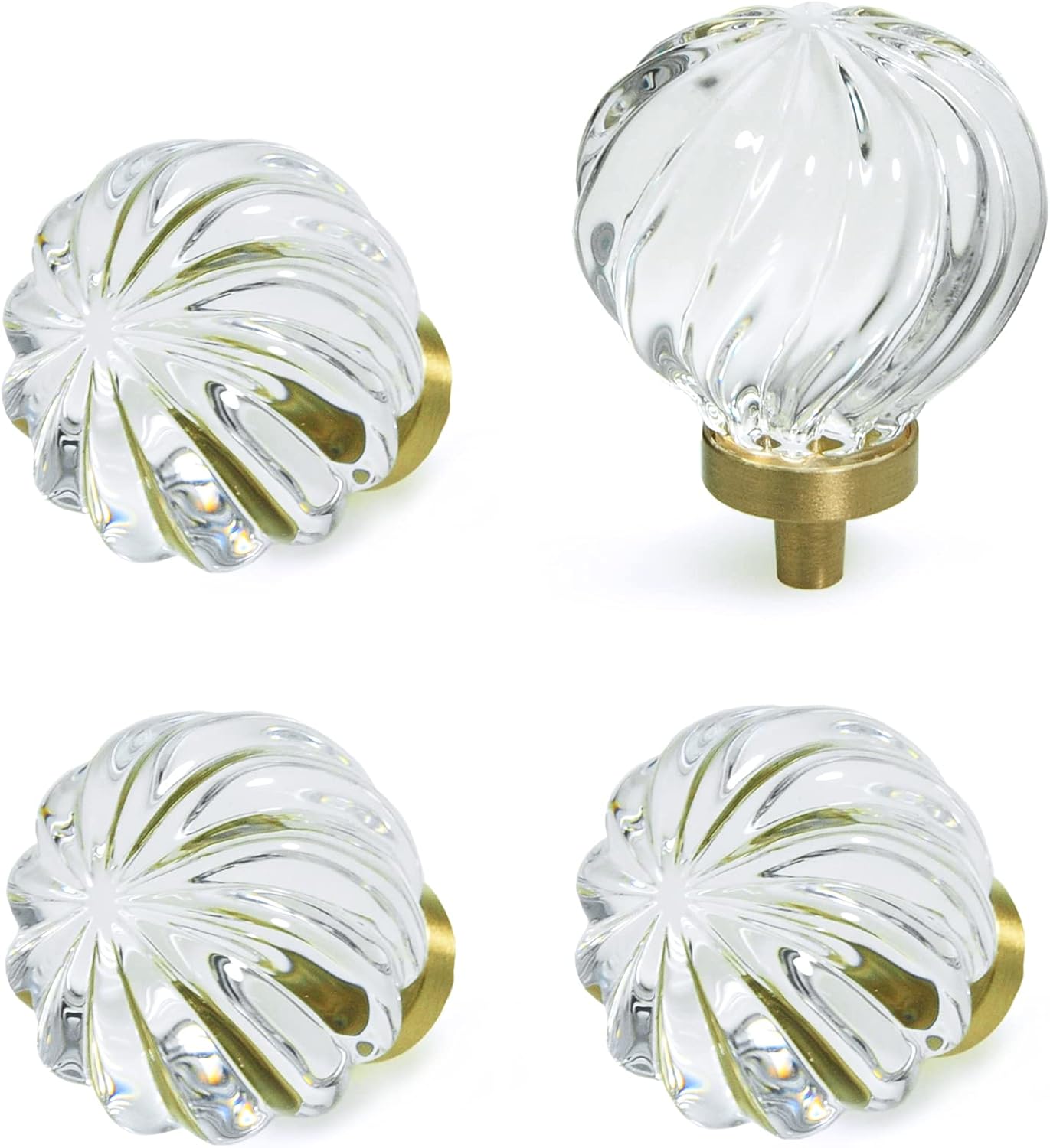 JEREVER 4 Pack Glass Brass Knobs Vintage Crystal Drawer Pull Cabinet Handle for Dresser Kitchen Bathroom Gold Furniture Hardware (Spiral Shape)