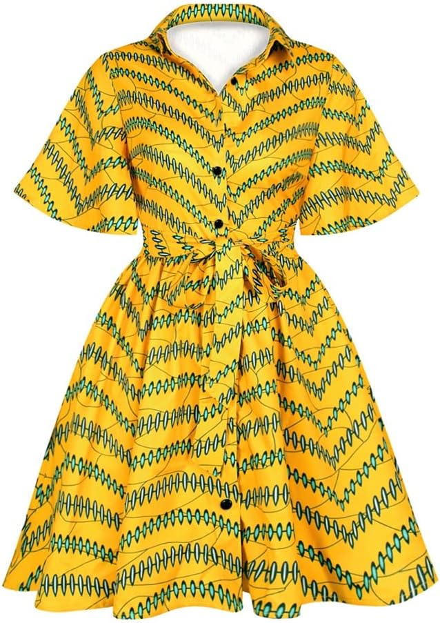 JLDJWSJD African Print Dress Womens Traditional Casual Outfits Attire Lotus Sleeve Button African Dresses