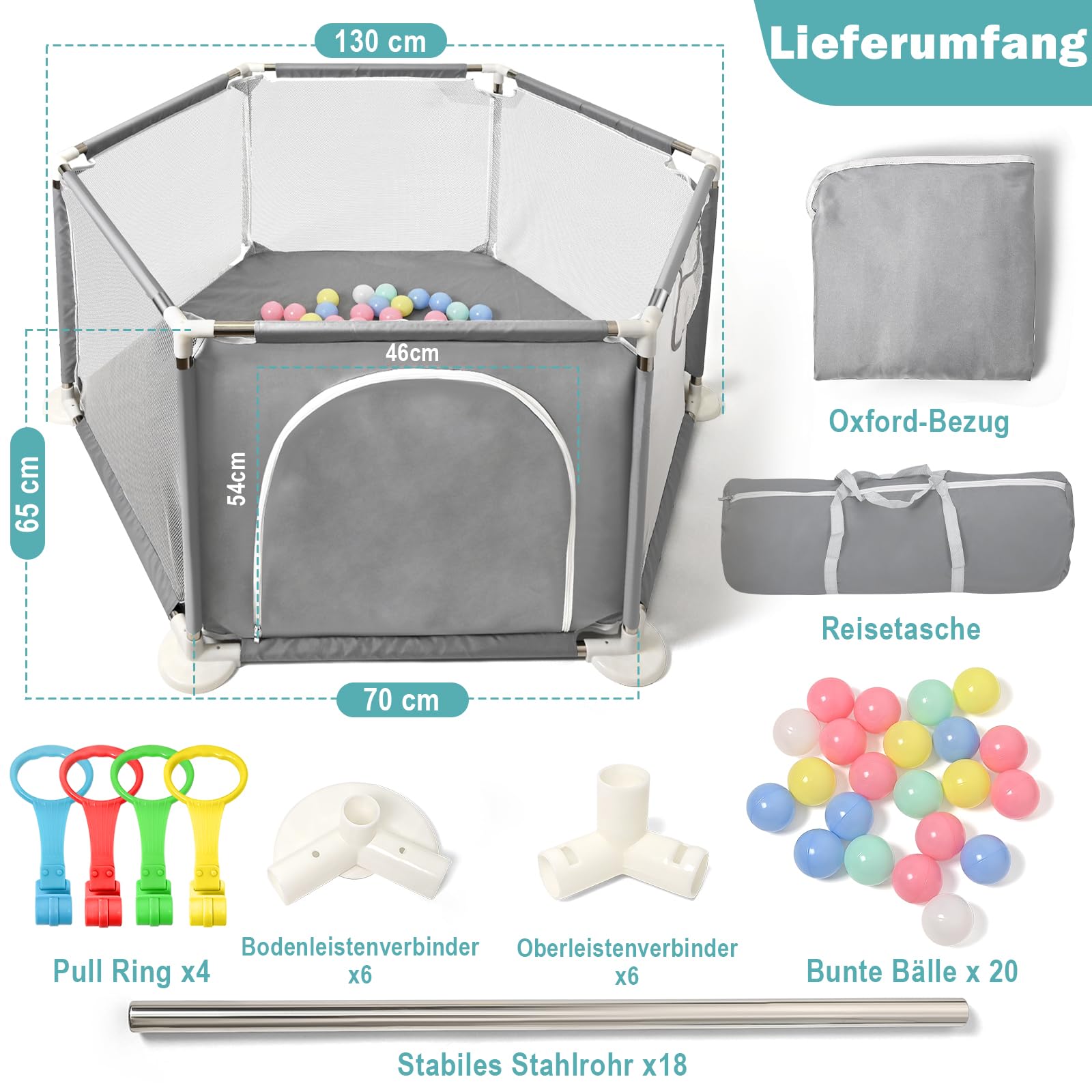 CHOLY Baby Laufstall für Babys und Kleinkinder, stabiler sechseckiger Laufstall mit atmungsaktivem Netz, Aktivitätszaun für Kinder für drinnen und draußen mit Reisetasche (Hellgrau)