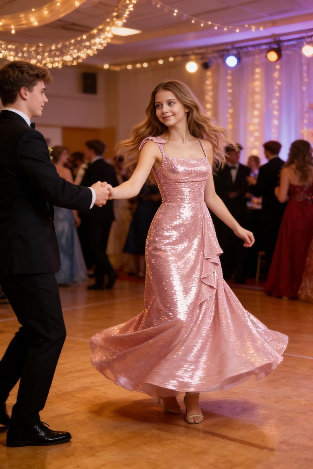 Sparkly Sequin Junior Bridesmaid Dress Long Spaghetti Strap Prom Dresses for Teen Girls Wedding Pageant Gown