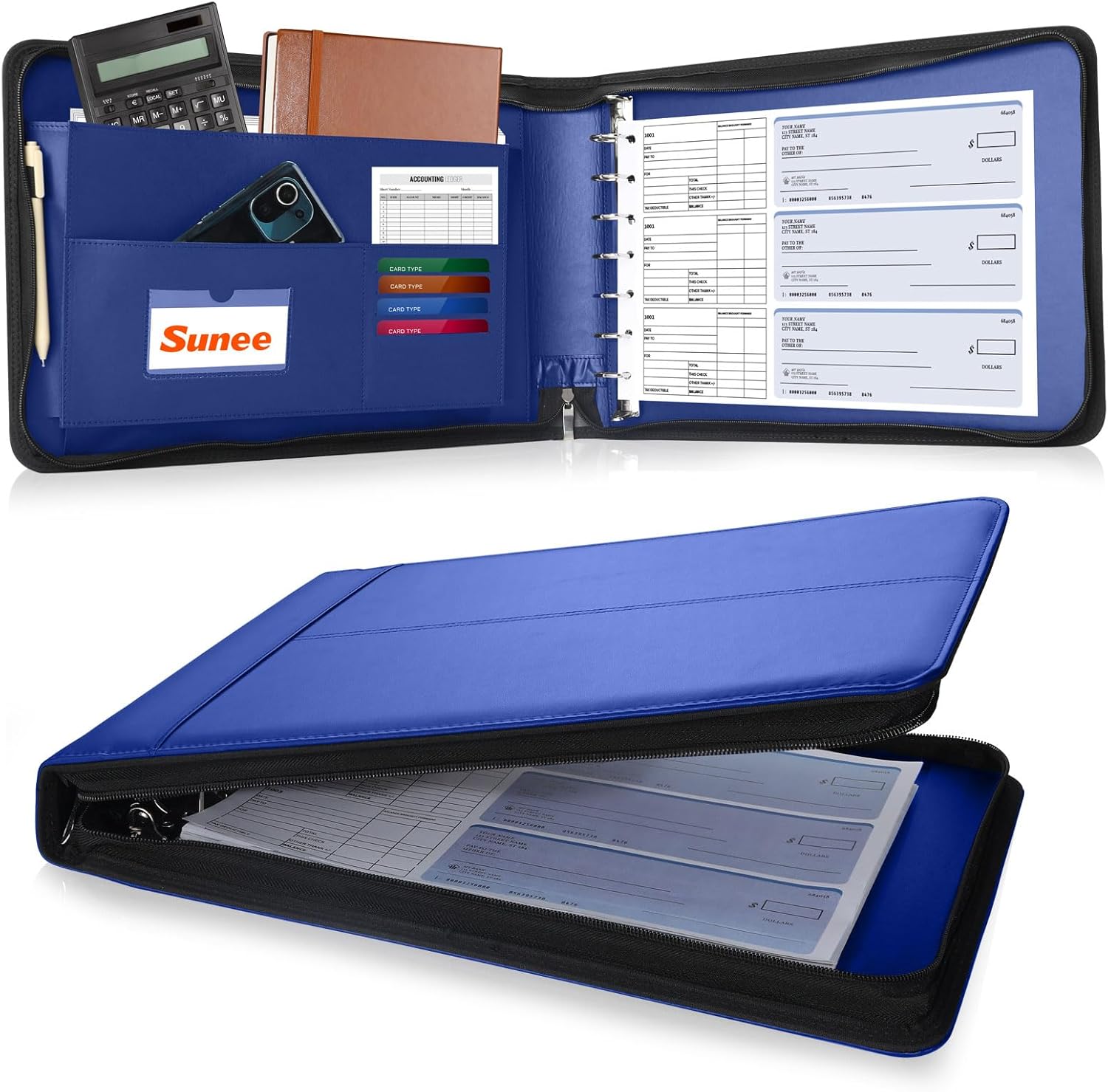 SUNEE Zippered Business Checkbook Binder 7 Ring 1 Inch with Zipper for Business Checks (9" x 13"), PU Leather Check Binder Holds 600 Checks Capacity for Executive Supplies, Blue