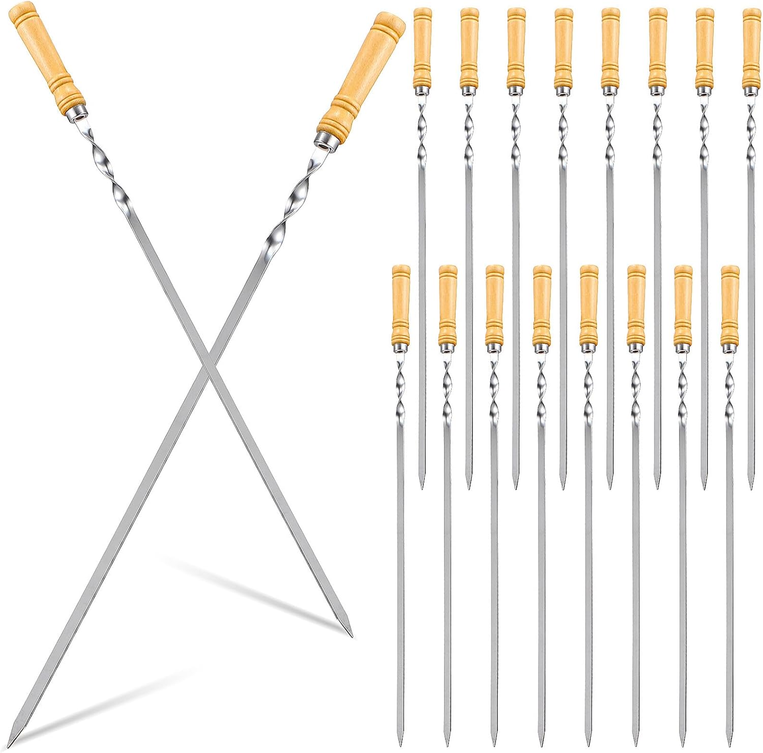 18Pcs Flat Stainless Steel BBQ Skewers with Wooden Handles Heat Resistant Kabob Grill Sticks for Stable Roasting Sharp Heads for Simple Piercing Reusable Barbecue Cooking Tools