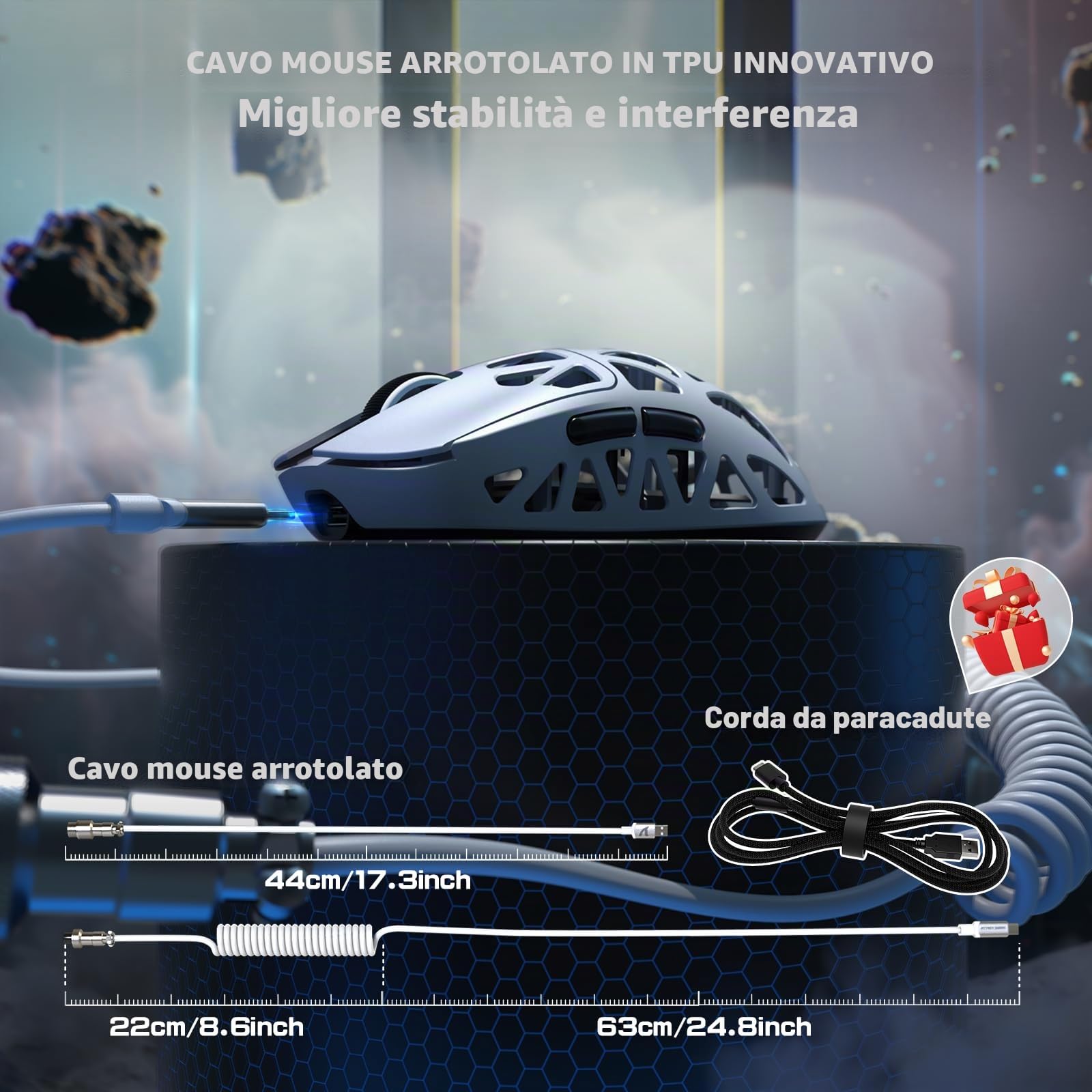 ATTACK SHARK R2PRO 45g SUPERLIGHT Gaming Mouse in Lega di Magnesio, PixArt PAW3950, 42000DPI, Wireless 8000Hz Tasso di Polling, G502 Mouse da Gioco, 2.4G/BT/Cablato, con Cavo a Spirale, PC/Mac, Bianco