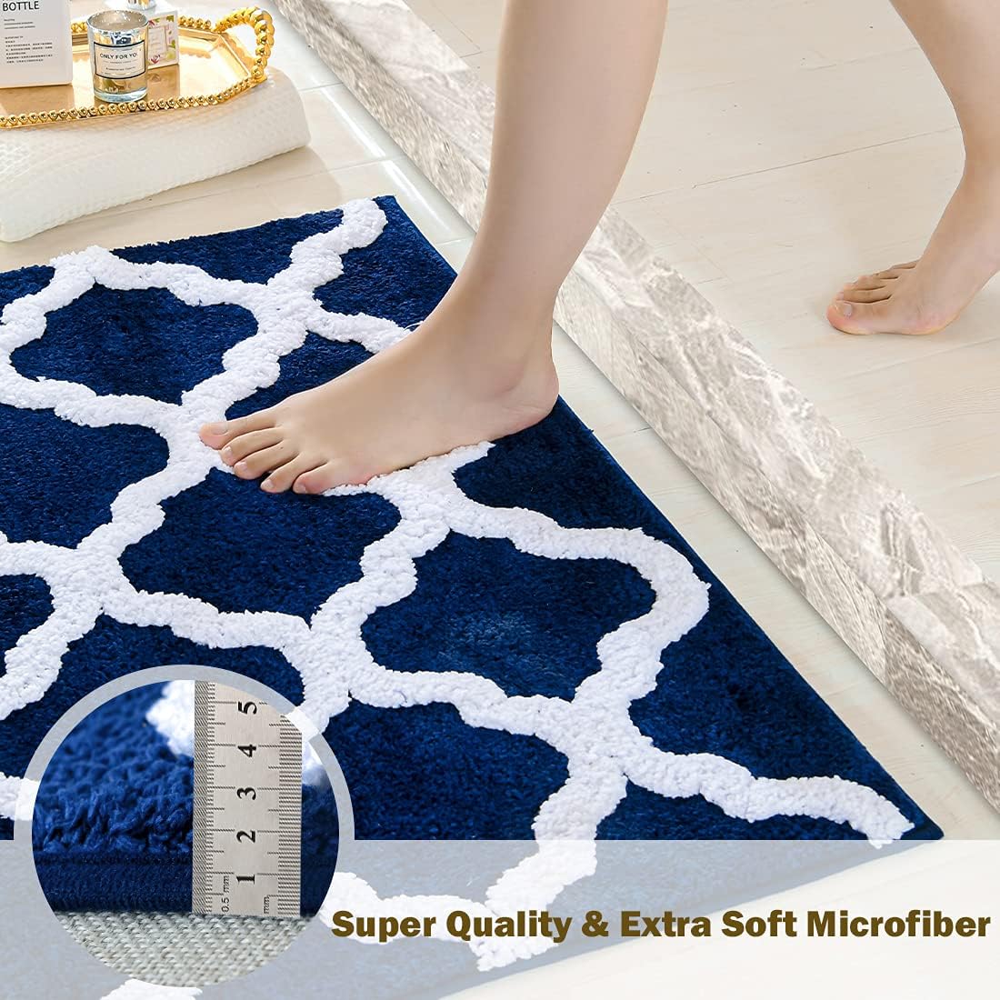 2 Pieces Bathroom Rugs-Non-Slip Microfiber Bath Mat, Strong Absorbent Ultra Soft Bath Rugs for Bathroom, Perfect Plush Bathroom Rugs for Tub, Shower, and Bathroom（Navy/White 32×20 inch, 24×17 inch）