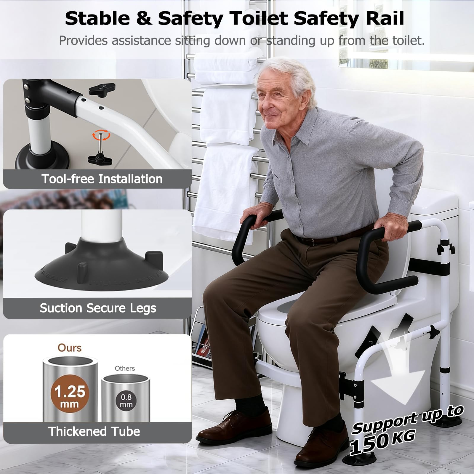 Marco de seguridad ajustable para inodoro para personas mayores y discapacitados, altura y ancho ajustables, pasamanos antideslizantes, soporte resistente, fácil instalación, ayuda esencial