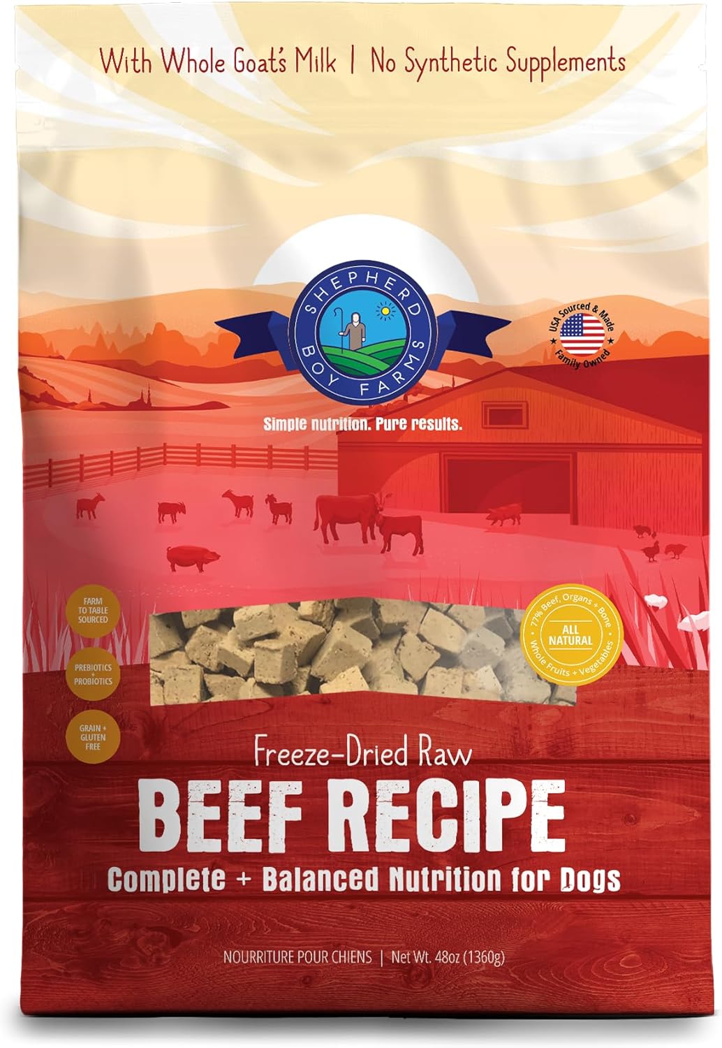 Shepherd Boy Farms Freeze Dried Raw Dog Food, Beef Recipe, All Natural, No Synthetics, Made in USA with Goat's Milk & Organic Produce, High Protein, Complete Meal (48oz)