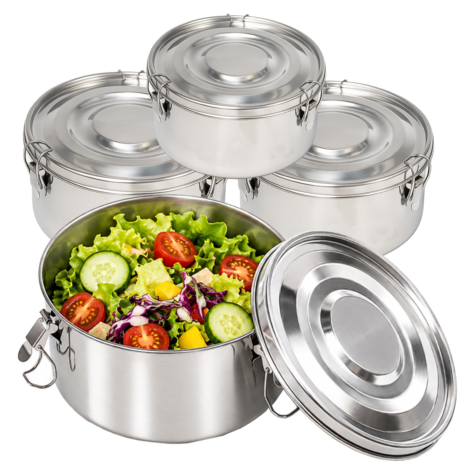 4 Piezas Ronda Fiambrera de Acero Inoxidable con Tapa Bento Box | para Comida Trabajo Escuela Picnic,660ml+1040ml+1590ml+2200ml,Lunch Box Stainless Steel,Lonchera Metalica Sellada Hermetica