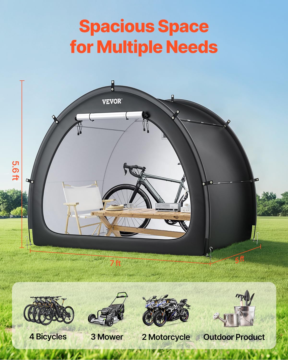 VEVOR Abri à Vélo pour 4-5 Vélos Tente de Rangement Spacieuse Étanche en Forme d'Éventail, avec Fenêtre Ventilée, Poteaux en Fibre de Verre, Double Fermeture Éclair, Tissu Oxford, pour Extérieur