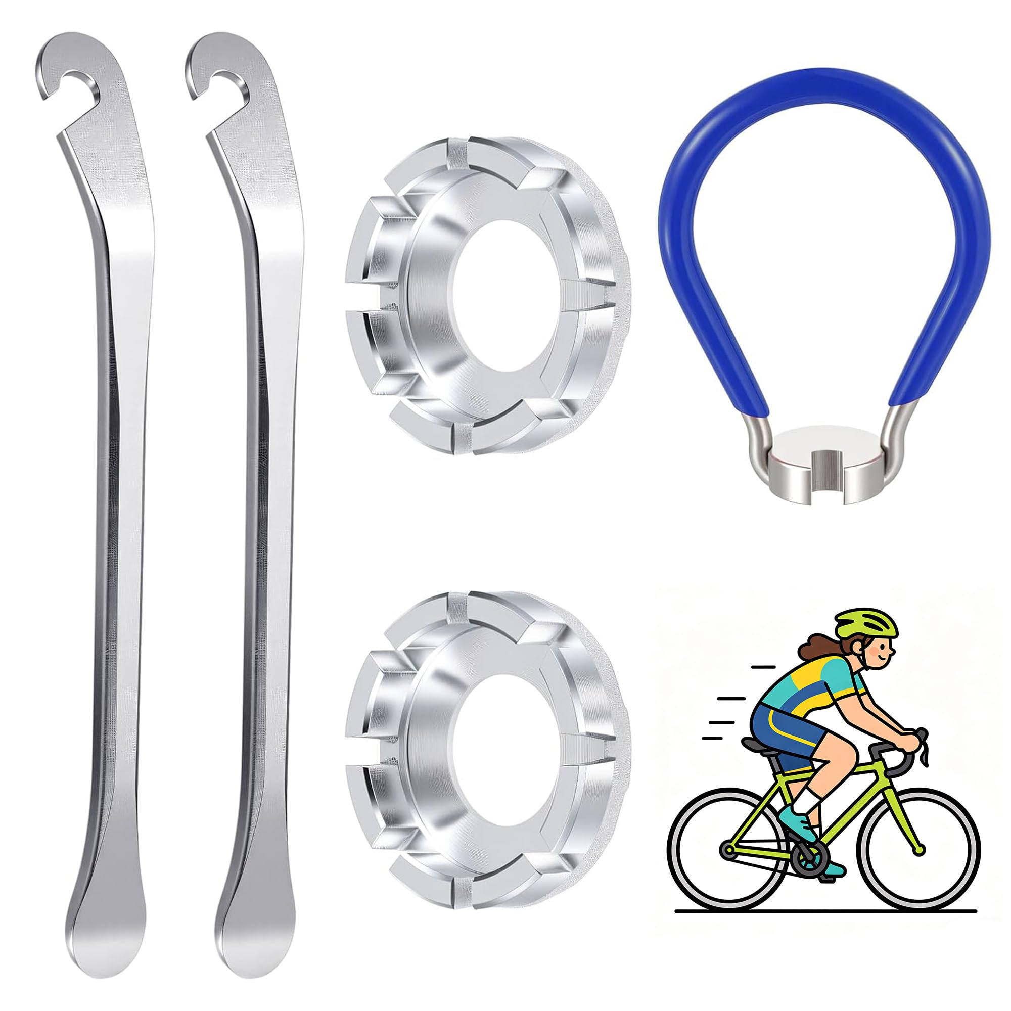 Ousuwo 5-Piece Bicycle Spoke Repair Tool Kit, Includes 2 Tyre Levers, 1 Spoke Wrench & 2 Multi-Head Nipple Adjusters - Durable Steel Tools for Wheel Truing & Tyre Changes