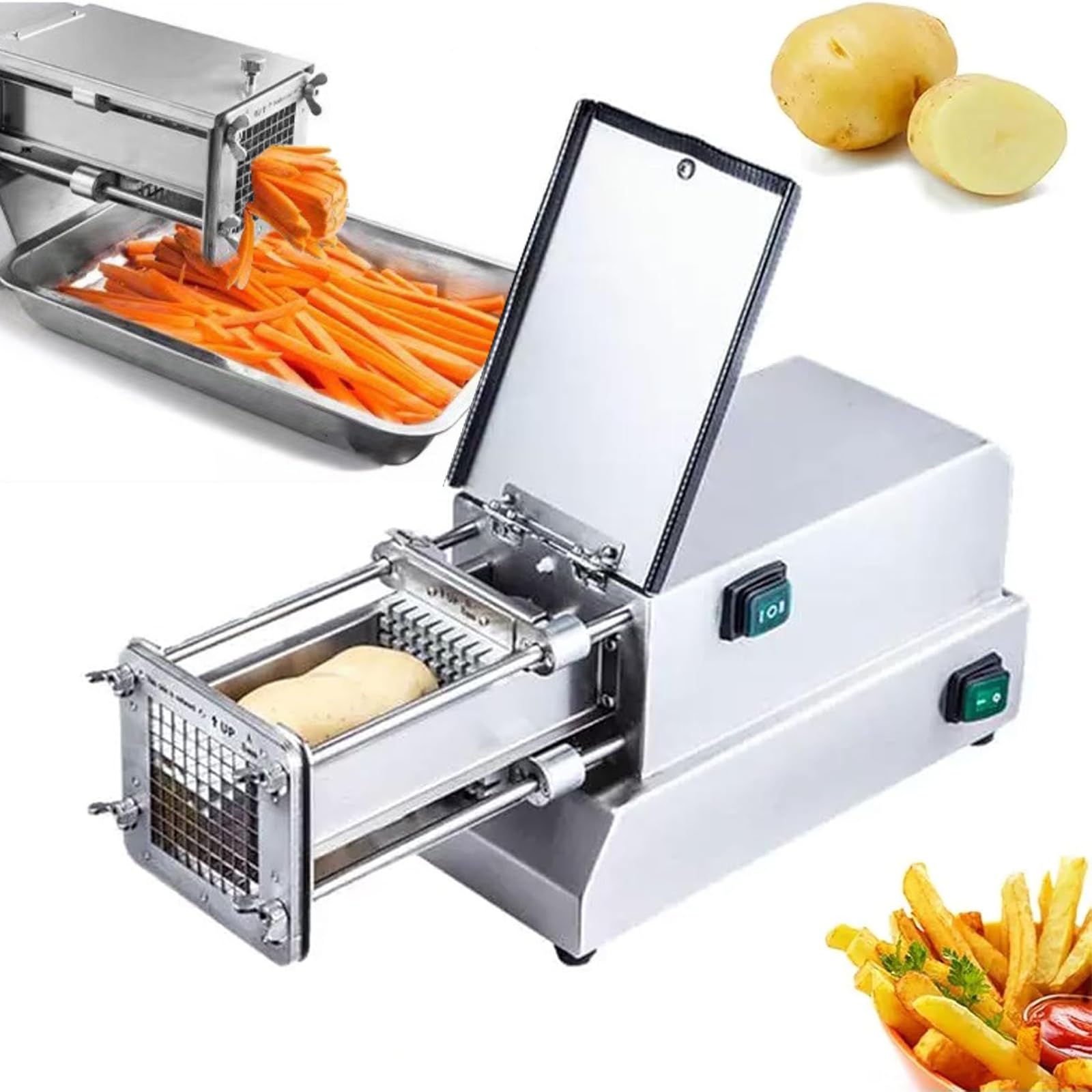 Tagliapatate elettrico in acciaio inox, con 3 lame a griglia per tagli da 7 mm/10 mm/14 mm, ideale per ristoranti e buffet