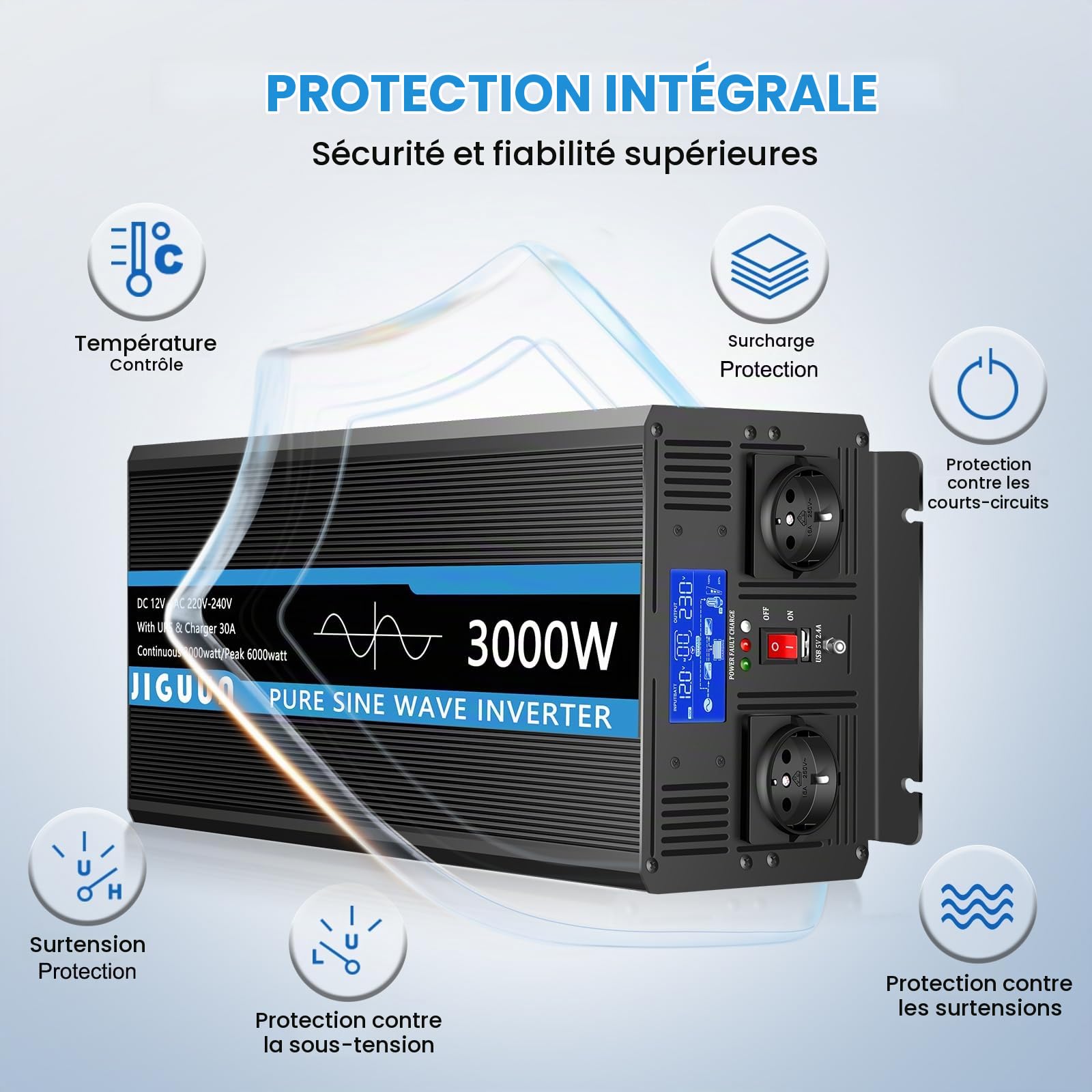 JIGUUN 3000W Convertisseur 12V 220V Pur Sinus | Chargeur 30A et Fonction priorité Secteur et ASI，2 Prises EU，Commande sans Fil et Affichage LCD Puissance de crête 6000W