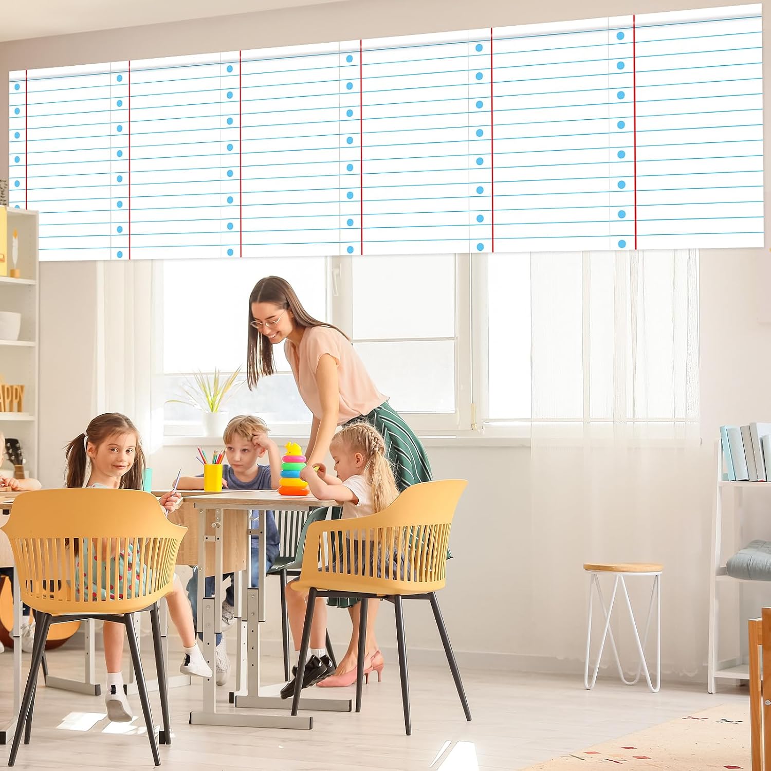 Wiooffen 6Pcs Composition Classroom Curtains Composition Notebook Lined Paper Curtain Back to School Classroom Decoration Valance Curtains for Window Kindergarten Primary Bedroom Playroom Room Decor