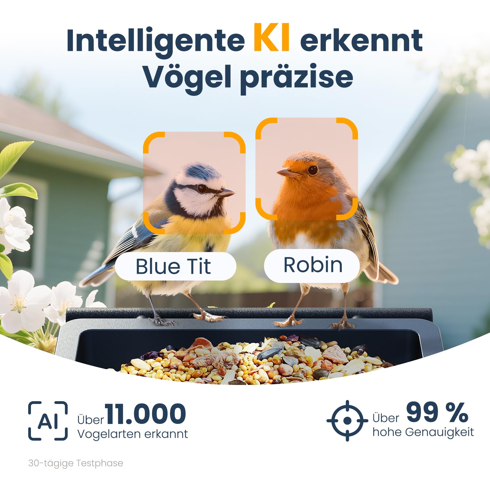 Intelligenter vogelhaus mit Kamera, 2,5K-UHD-Kamera, solarbetrieben, präzise KI-Erkennung, sofortige Benachrichtigungen und Videoaufzeichnung, wasserdicht nach IP66 für den Außenbereich, Metal Blau