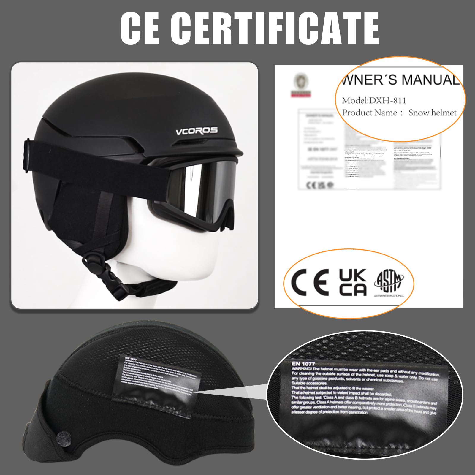 VCOROS Casco de Esquí Kit con Gafas de Esquí Capucha DXH811 para Esquí | Casco Esquí Talla Ajustable Transpirable UV Seguridad Comodidad Casco de Snowboard mit Orejeras Extraíbles