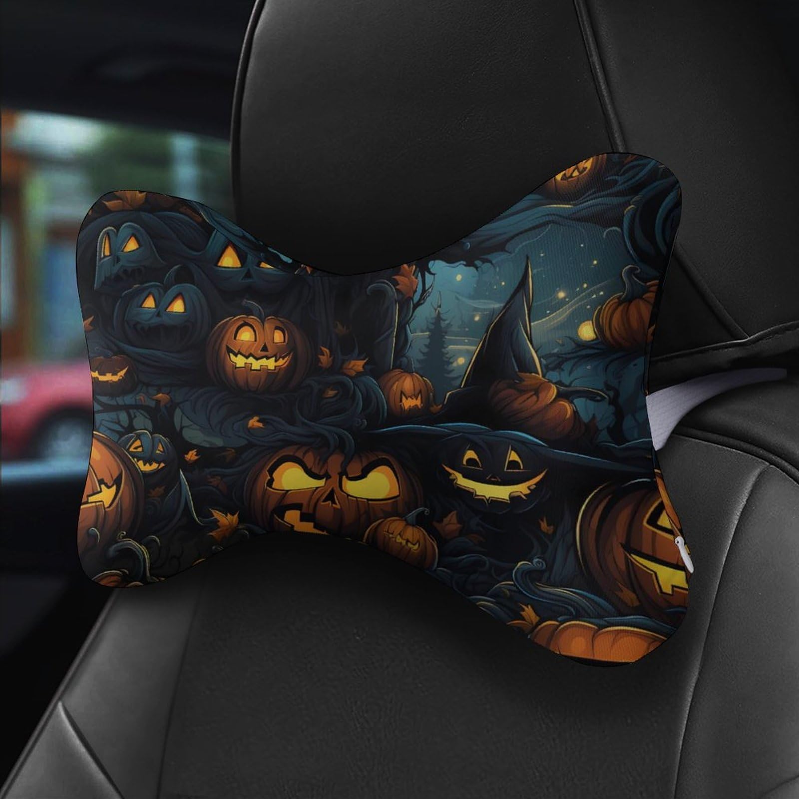 SMAZDFXX Horror Pumpkin Head Halloween Car Neck Pillow Set of 2 Car Seat Head Support Cushion Bone Pillows with Elastic Strap