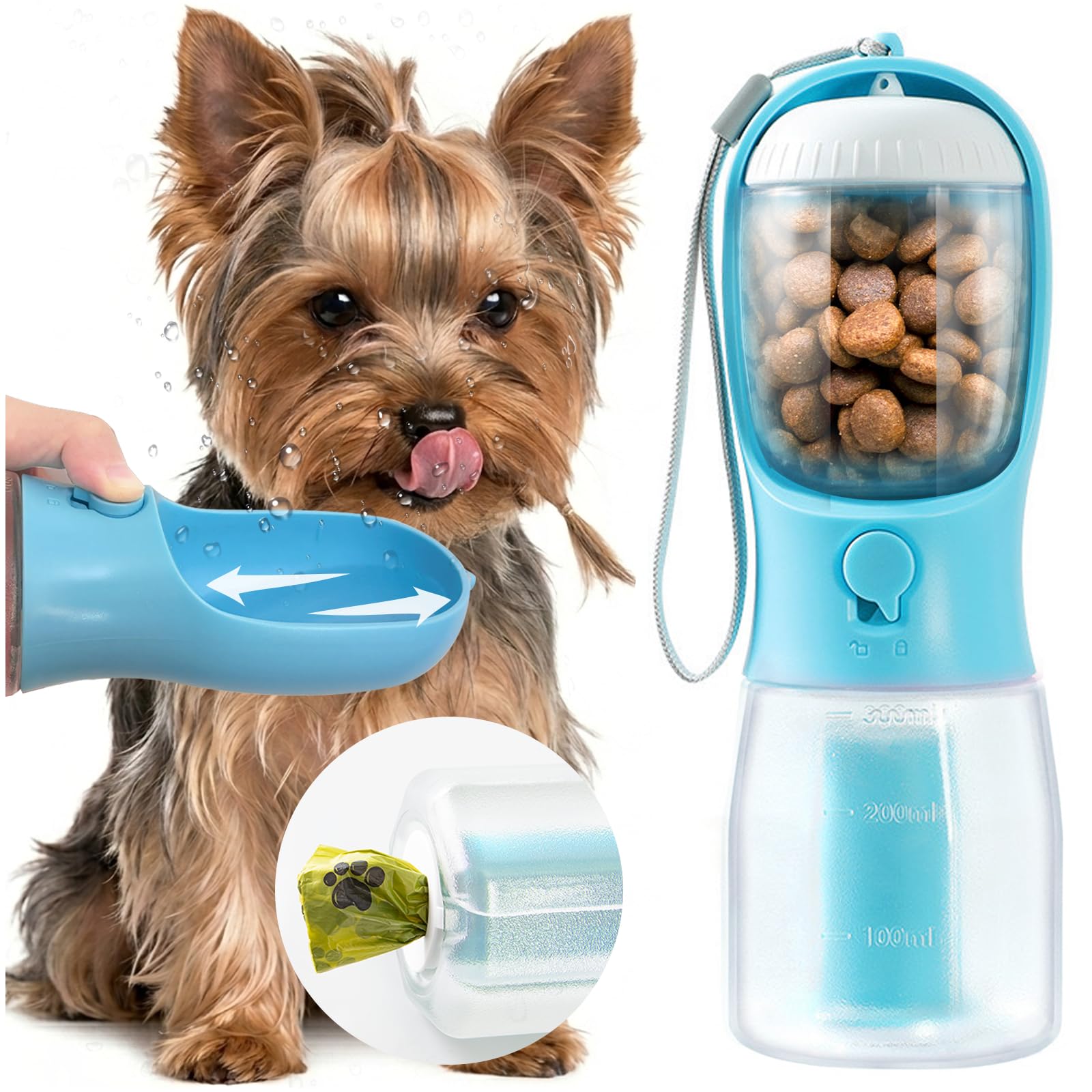 Portable Water Bottle for Small Dogs, 3 in 1 Pet Travel Bowl Dispenser with Food Treat Container &amp; Poop Bag Holder, Summer Hiking Walking Accessories for Puppy On The Go - Blue, 10oz