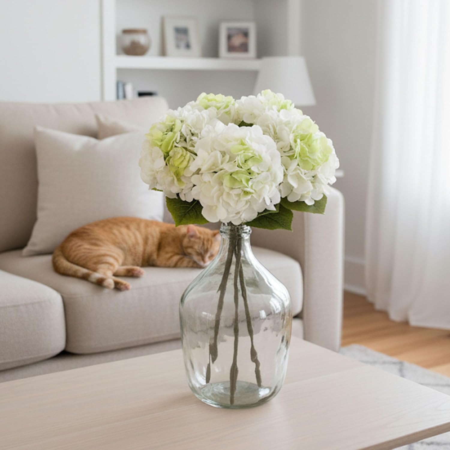 5Pcs Realistic White with Green Hydrangea Artificial Flowers with Stems 24 Inch Lifelike Faux Hydrangeas Flower Large Hydrangea for Weddings Bouquets Table Centerpieces Home Decor Party