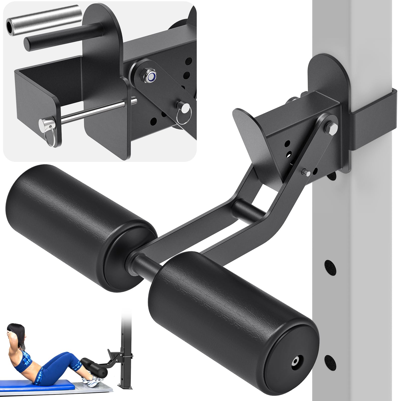Kipika Nordic Hamstring Curl Squat Rack Attachment for Power Rack with 5/8" or 1" Hole - Adjustable Leg Hold Down Attachment with Premium Leather Surface
