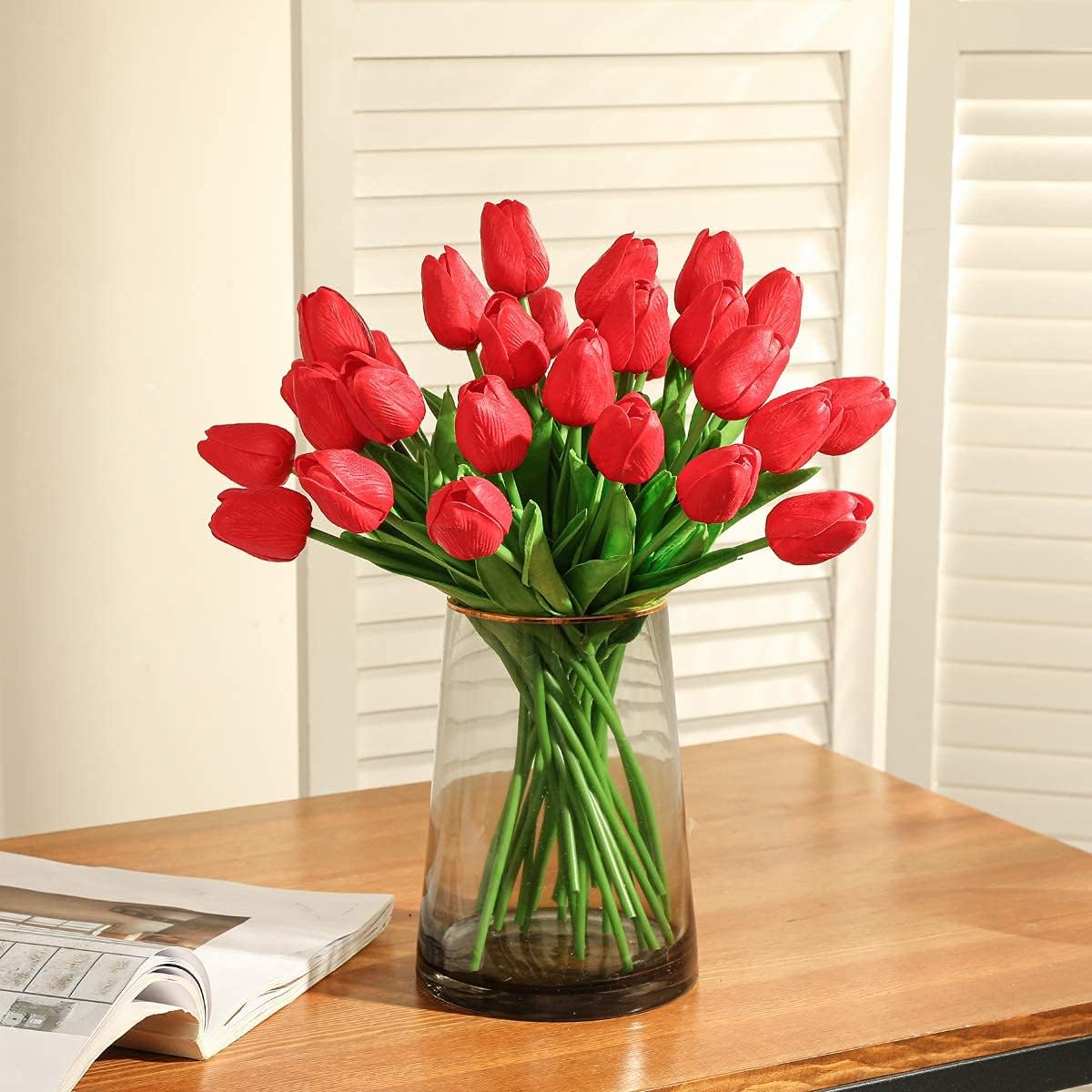 Kisflower 30Pcs Latex Tulips Real Touch Red Artificial Flowers Fake Tulips Arrangement Bouquet for Home Office Wedding Decor (Red)