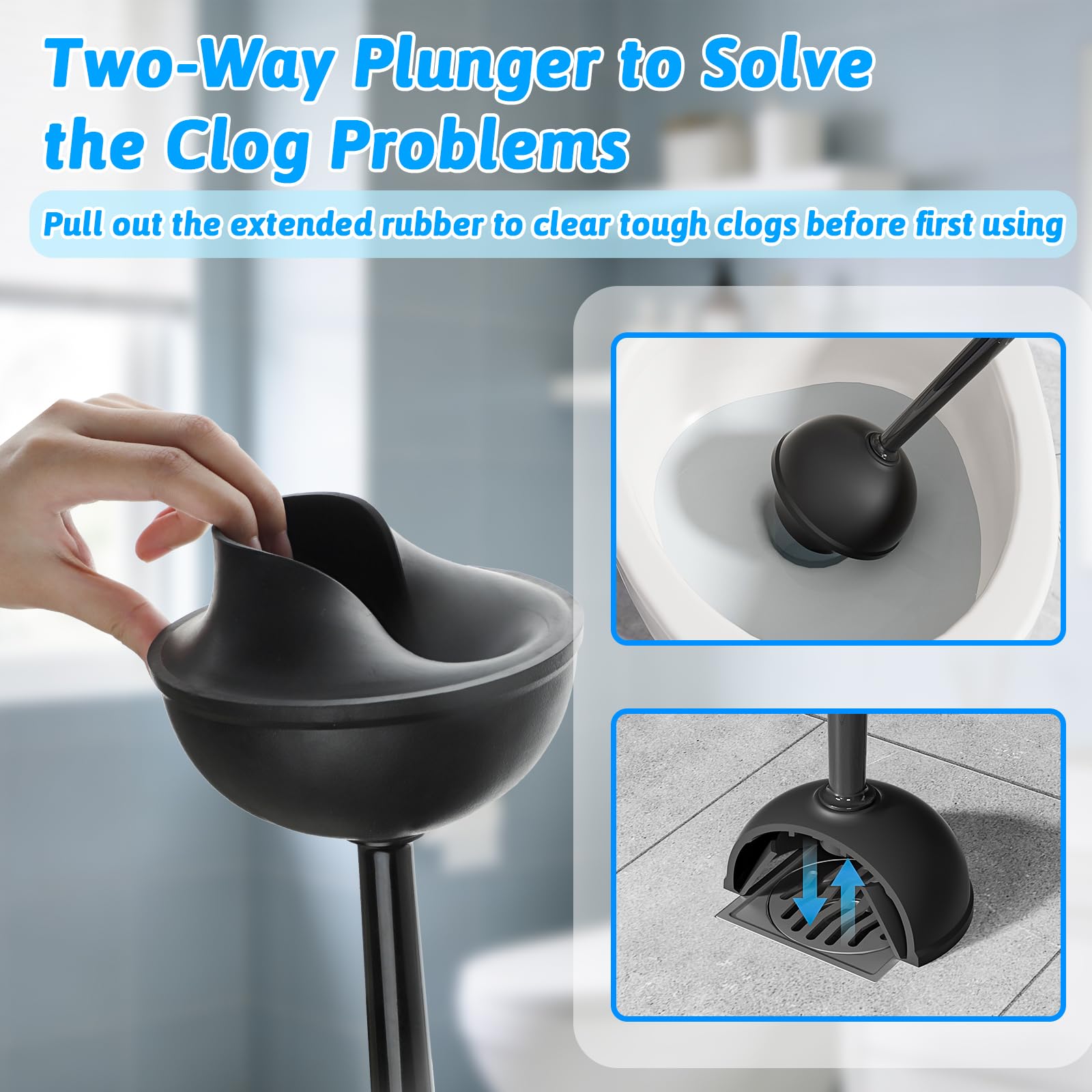 Sellemer Toilet Brush and Plunger Set, Curved Design Head for Deep Cleaning, Heavy Duty Toilet Bowl Brush and Plunger Combo with Holder for Bathroom Cleaning, Black, 2 Pack - 5