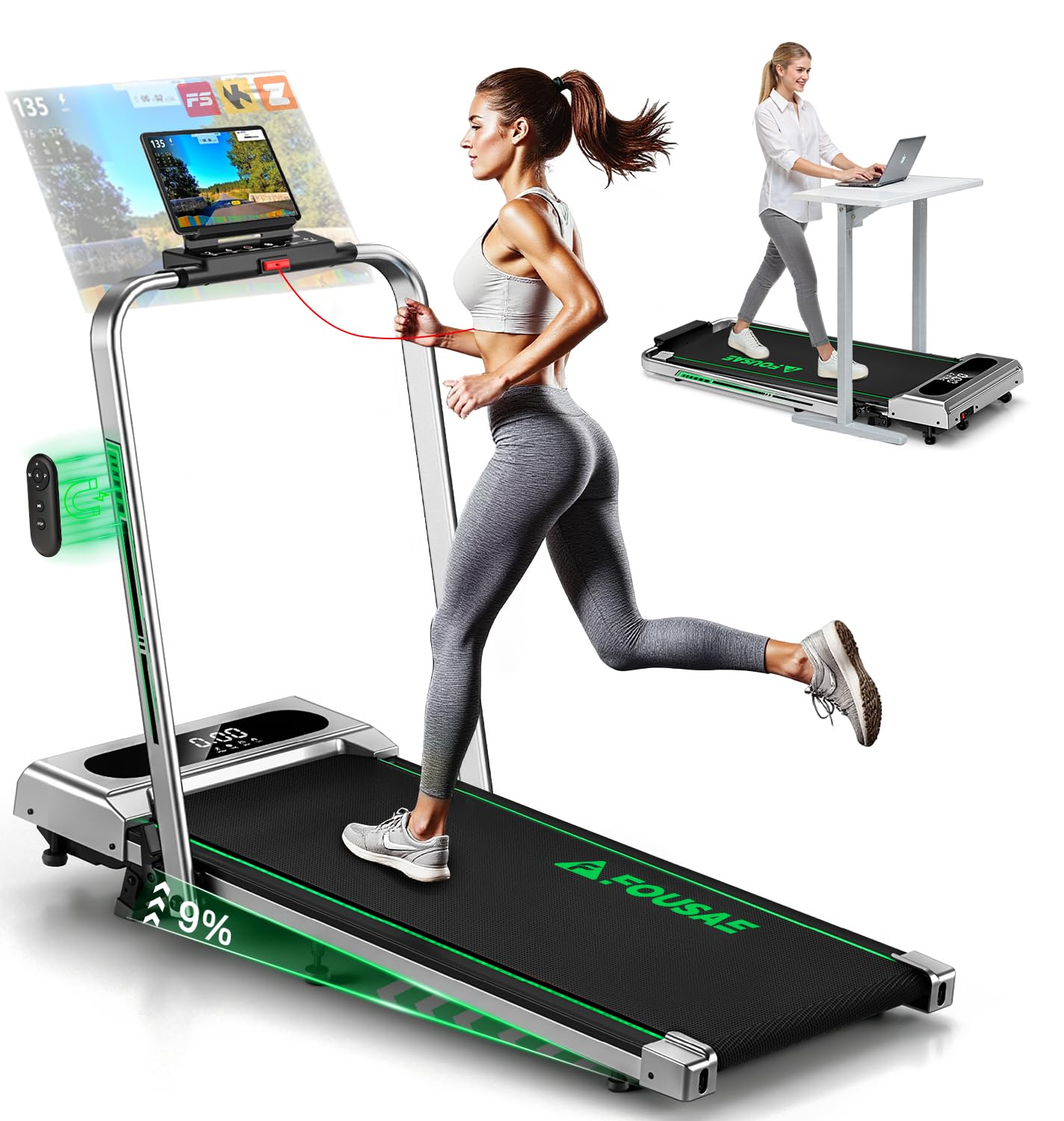 FOUSAE Laufband für Zuhause, 5 in 1 Walking Pad, 12km/h Klappbar Laufband mit 9% Steigung, 2.75HP Walking Machine mit LED-Anzeige, Fernbedienung und App, 12 HIIT, Bis 160 kg, Keine Installation