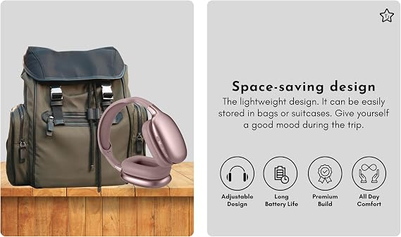 TJ Home Essentials Active Noise Cancellation Bluetooth Over Ear Headphones Leather Wireless Headset Wired Built-in MIC 24H Playtime High Res Audio Travel/Work/Students/Running/Gym((Pink)