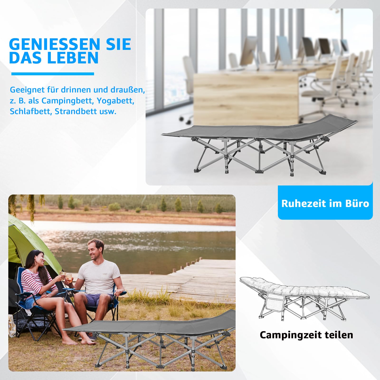 Klappbares Feldbett Campingbett faltbar, 150 kg belastbar - Robustes Gästebett für Outdoor, Camping, Garten & Büro mit Seitentasche und Tragetasche