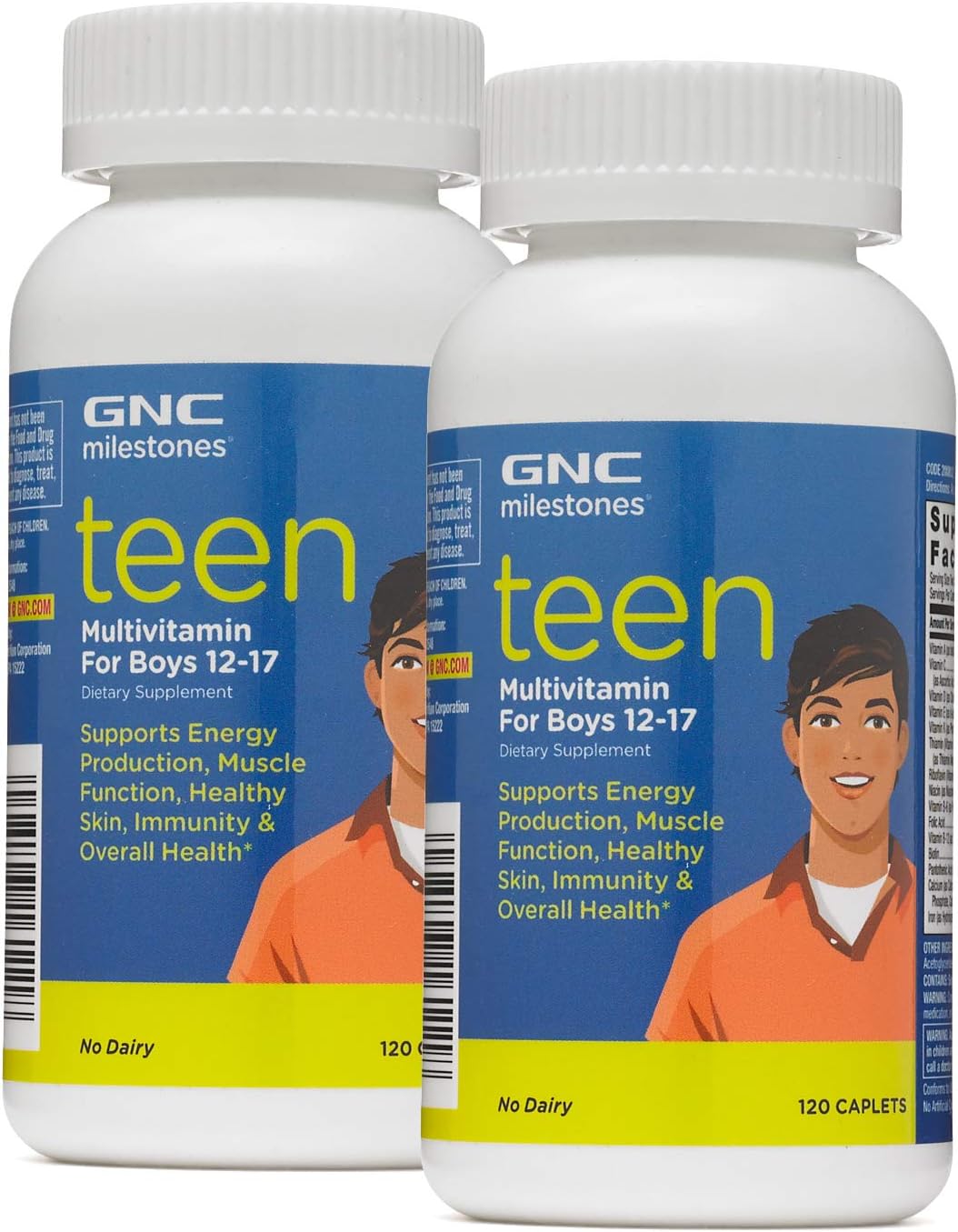 Milestones Teen Multivitamin for Boys 12-17, Twin Pack, 120 Caplets per Bottle, Supports Energy Production and Muscle Function