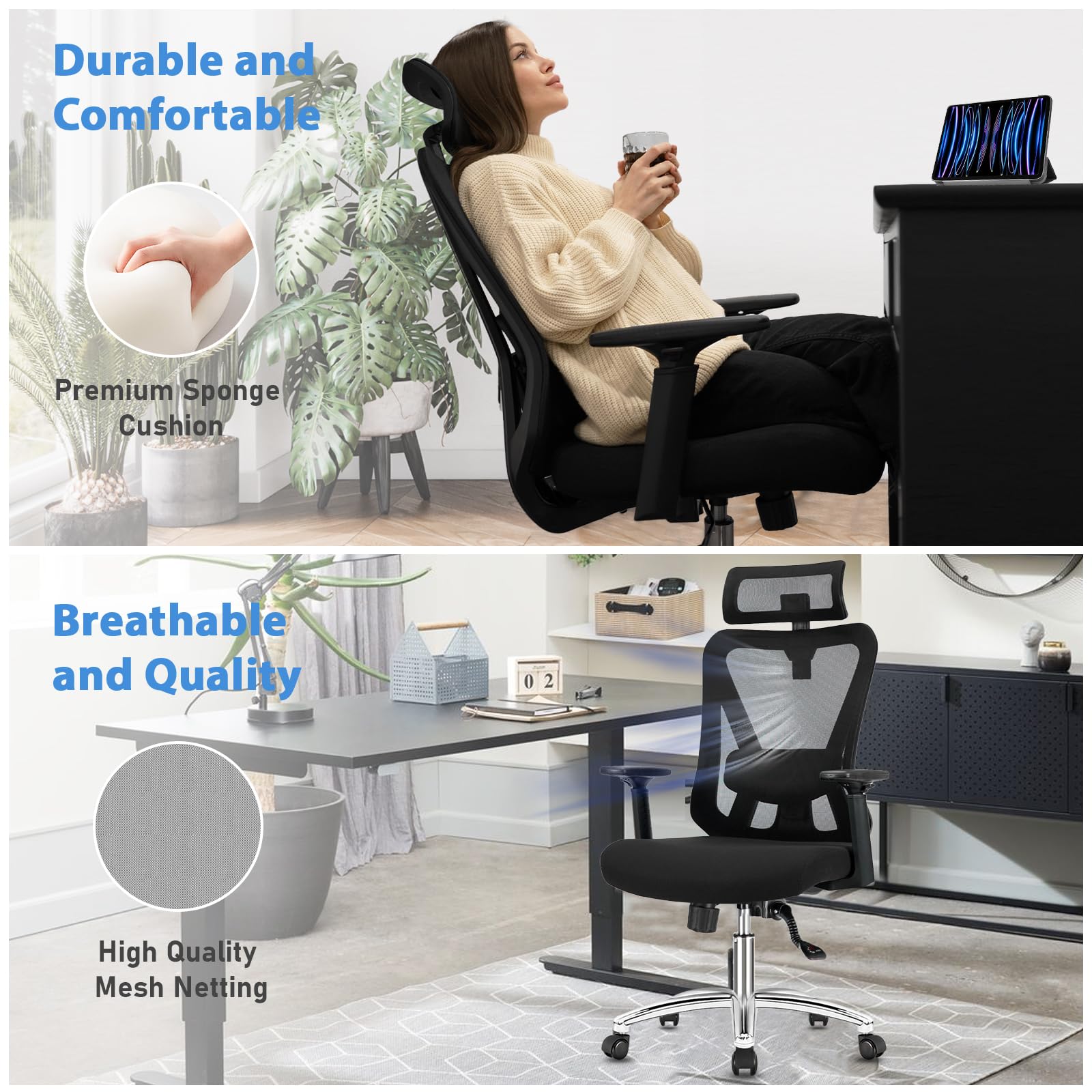 Durrafy Sedia Ufficio Ergonomica, Sedia Scrivania con 2D Poggiatesta, Supporto Lombare Regolabile und Braccioli, 90°-130° Reclinabile Poltrona Ufficio in Rete Traspirante per la Casa, Ufficio e Gaming