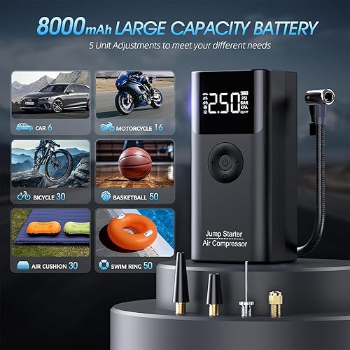 Miniatura 6 de Arrancador con compresor de aire, batería portátil LERTIN 2500A 150PSI para coche, caja de salto de 12 V con carga rápida USB, para motor diésel de