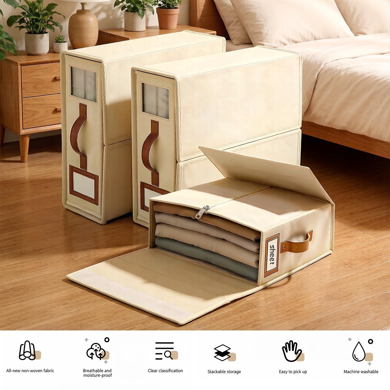 Cajas Organizadoras para Armario, Juego de 6 Cajas de Almacenamiento de Tela No Tejida 38x32x11.5 cm con Ventana Transparente, Asa y Etiqueta, para Ropa, Sábanas, Fundas Nórdicas y Mantas, Beige