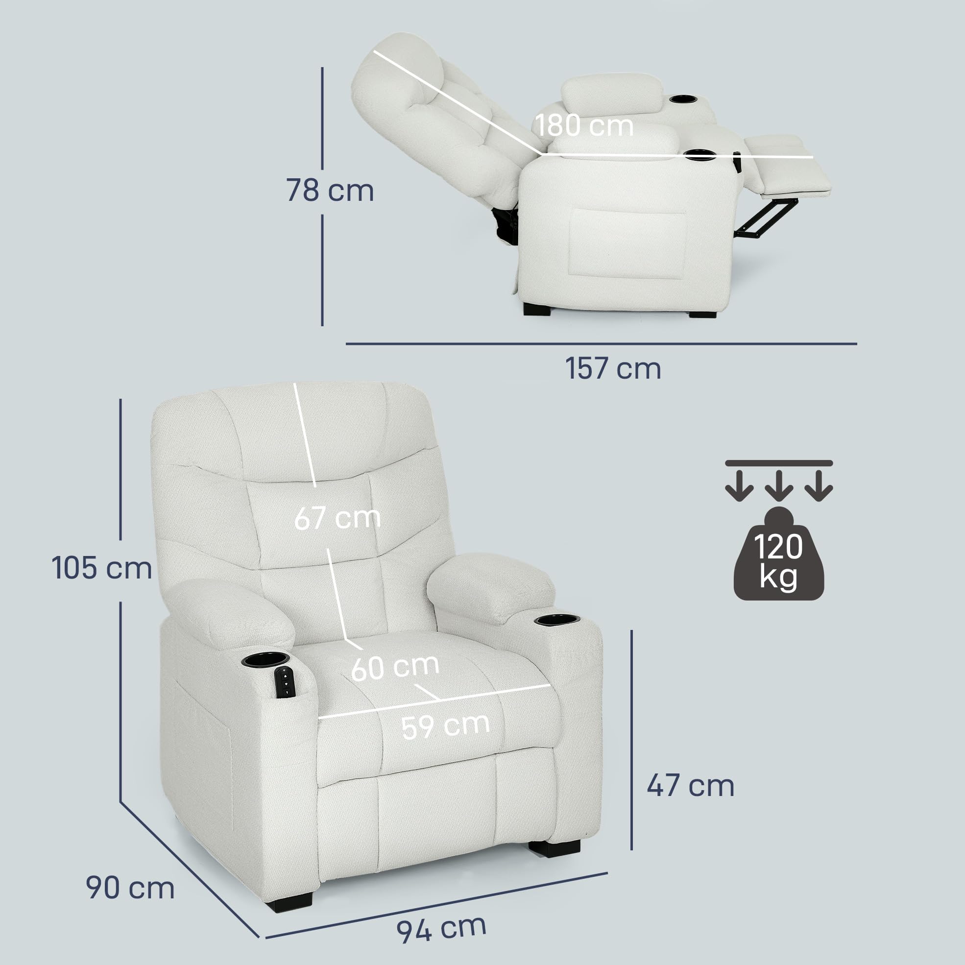 HOMCOM Fauteuil Relax électrique, Fauteuil inclinable en Velours, Port USB, Assise Large, Repose-Pieds, Porte-gobelets, Poches latérales, télécommande, Moteur Silencieux, 2 Positions mémoire, crème