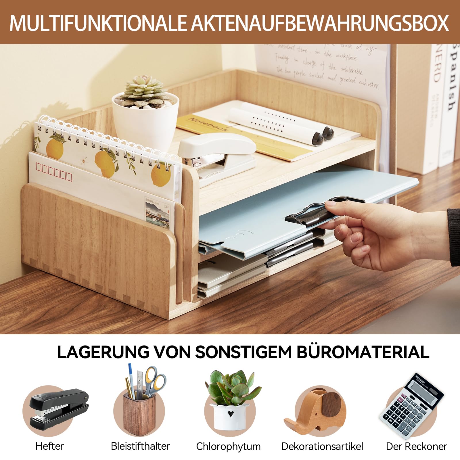 KIRIGEN Schreibtisch-Organizer, Dokumentenablage, Briefablage, Natur | 3 Ebenen, 5 Fächer; 42 × 24 × 16,5 cm; montiert; handgefertigt; Paulownia-Massivholz; Zapfenbauweise; Pflanzenöl-Finish