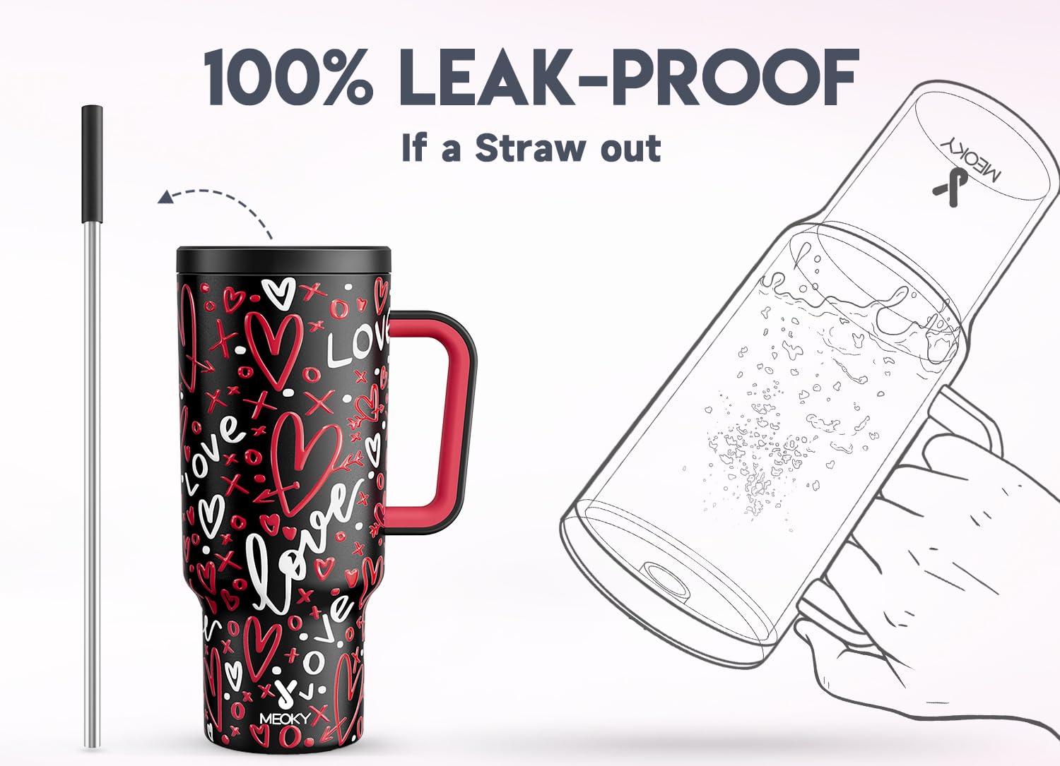 Meoky 40 oz Tumbler with Handle and Straw, Valentines Day Tumbler with Lid and Straw, Insulated Stainless Steel Travel Mug - Image 3