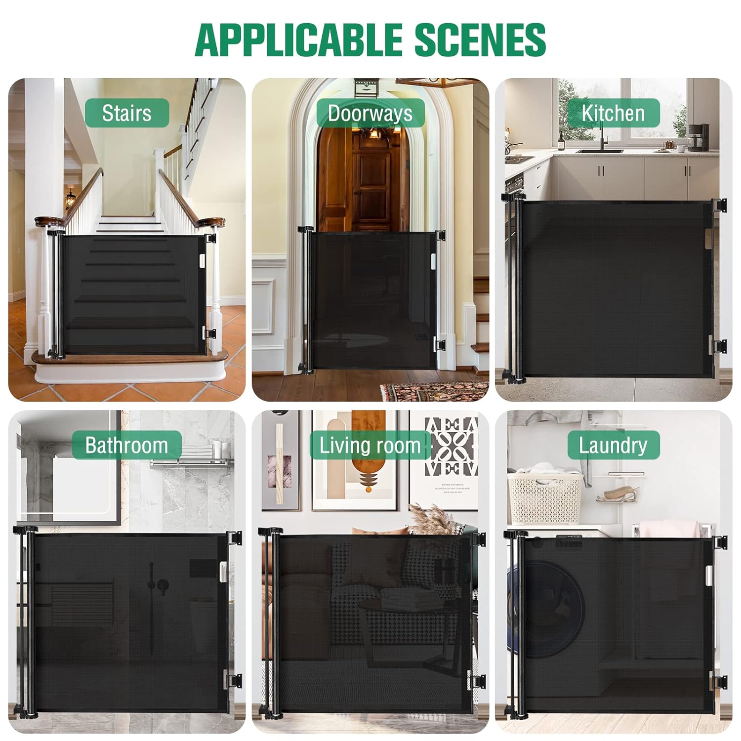 Six images showing the KISKIZ retractable gate installed in various locations: stairs, doorways, kitchen, bathroom, living room, and laundry room.