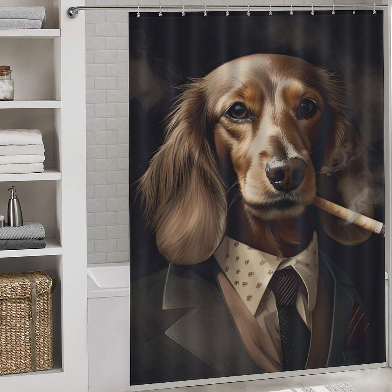 Rideau de douche Dachshund crème lavable en polyester imperméable