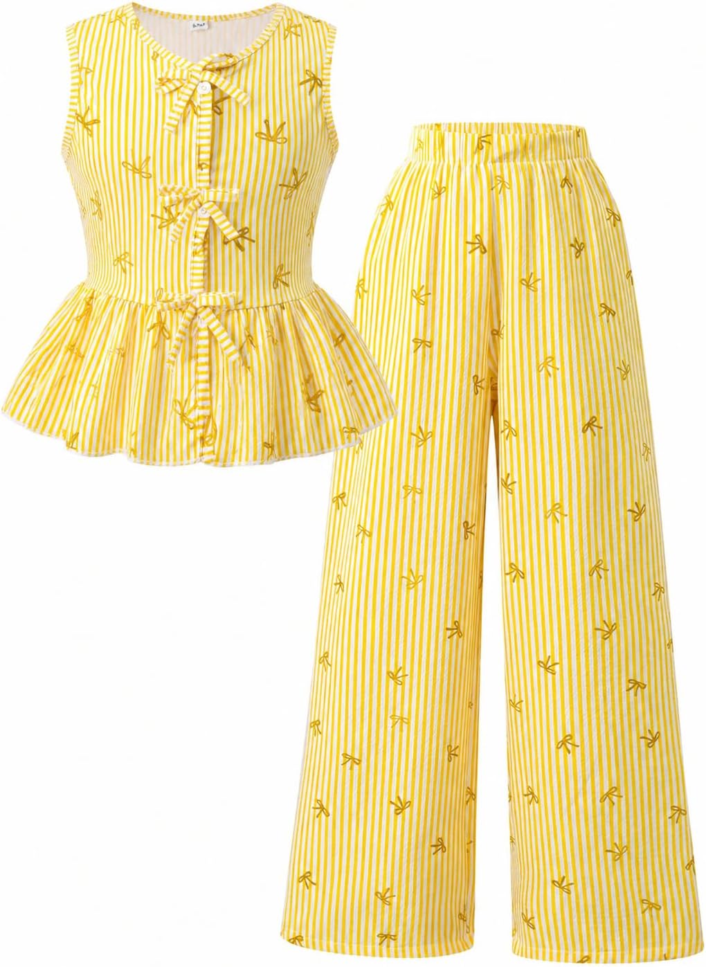 Azmxynol Tween Girls Clothes Summer 2 Pieces Outfit Set Sleeveless Shirt With Bow + Wide Leg Pants, Size 8-13 Years