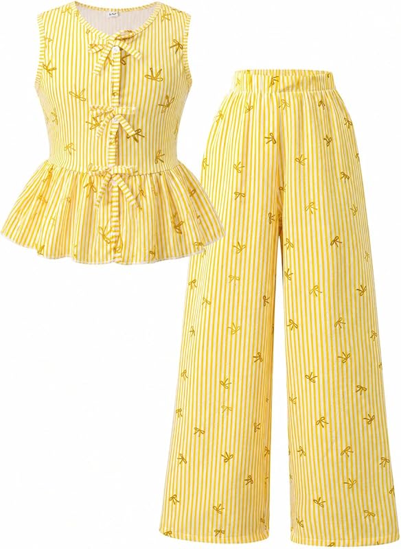 Azmxynol Tween Girls Clothes Summer 2 Pieces Outfit Set Sleeveless Shirt With Bow + Wide Leg Pants, Size 8-13 Years