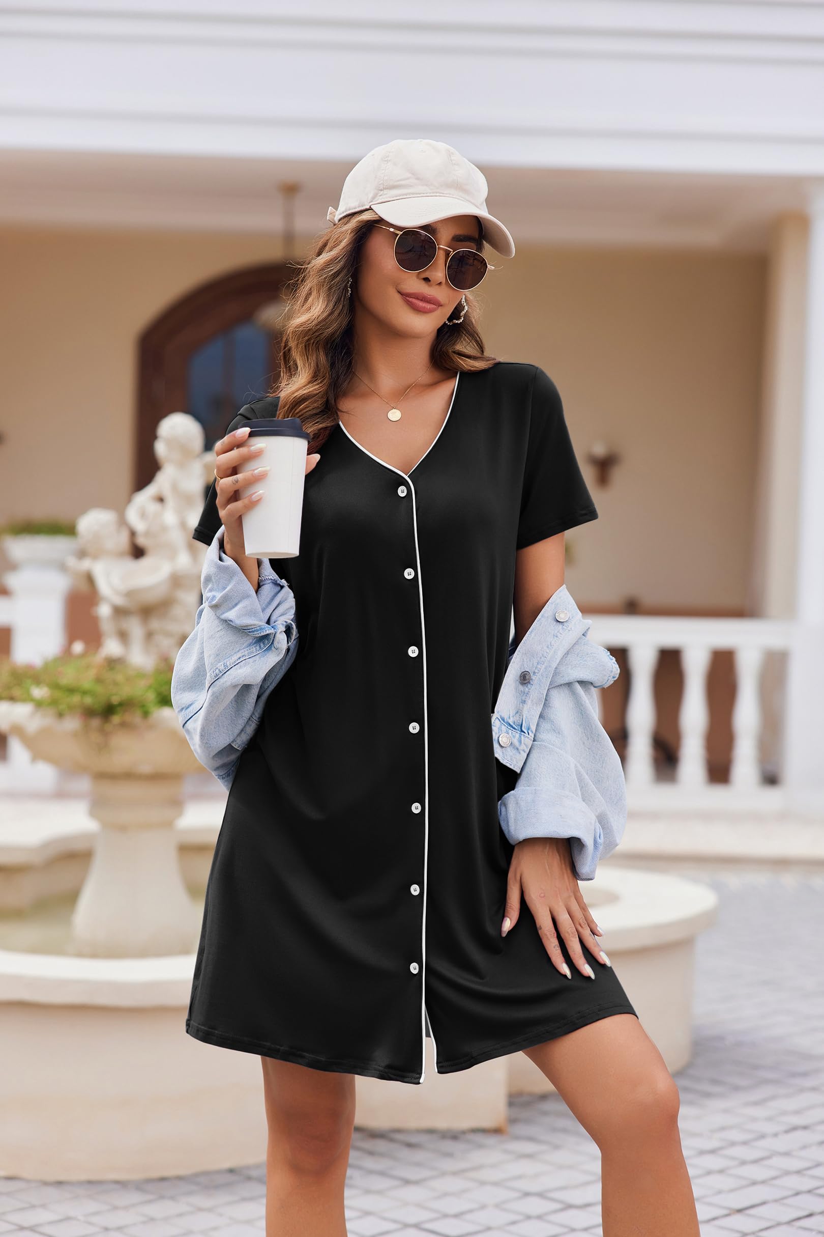 Ekouaer 2er Nachthemd Damen Zum Knöpfen Sleepshirt Kurzarm Schlafshirt V-Ausschnitt Schlafhemd Blumen Zweiteiliger Nachtwäsche S-XXL