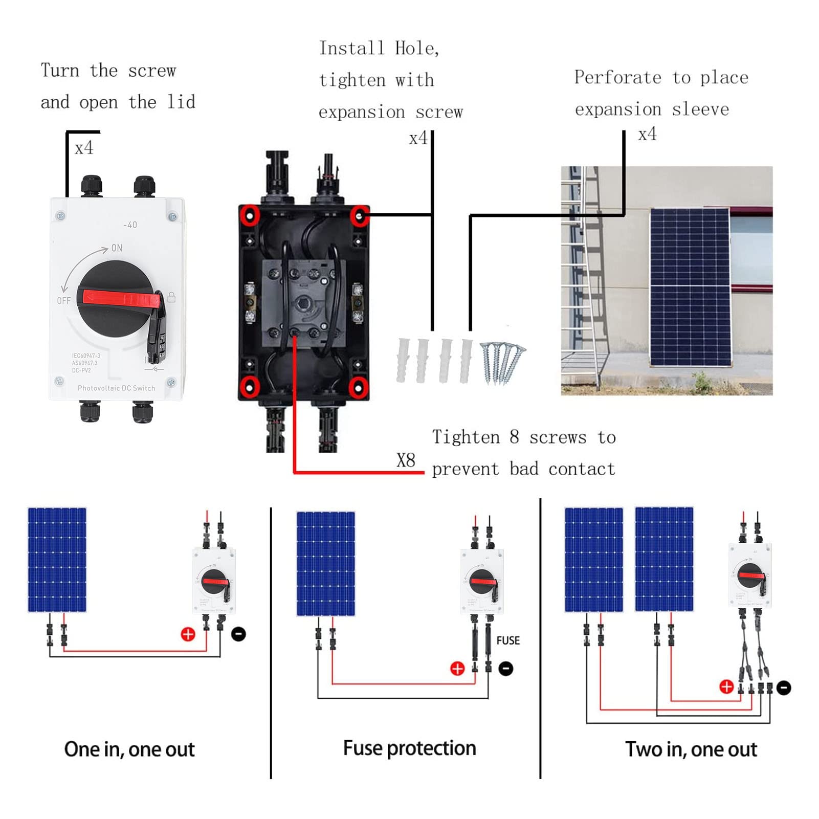 Interruttore CC Fotovoltaico DC1000V 32A, Interruttore Isolatore CC Fotovoltaico Sezionatore Isolatore IP66 Griglia di Estinzione Magnetico Impermeabile per Sistemi Solari