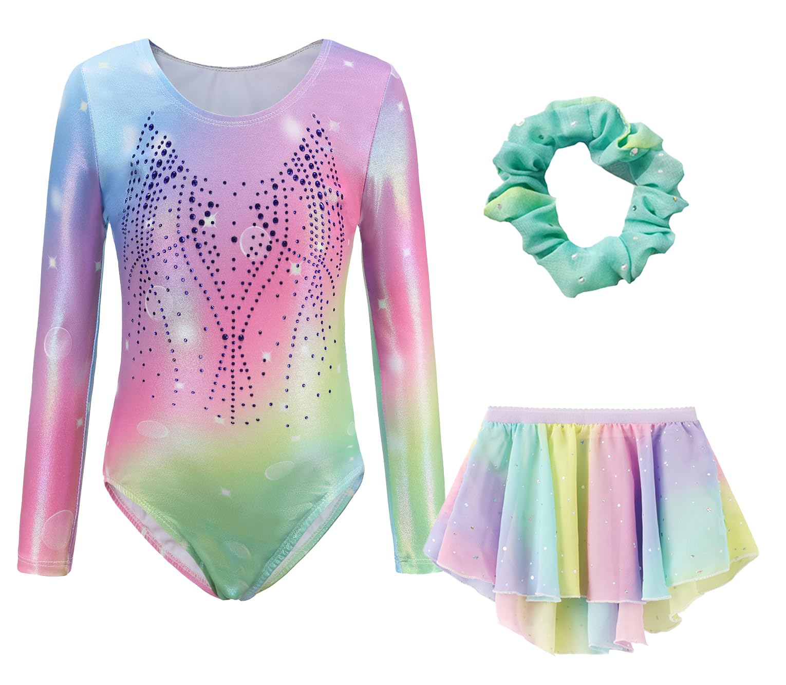 Happy Cherry Enfant Gym Body avec Jupe Bandeau Ensemble Justaucorps Gymnastique Fille Manche Longue Tenue de Sport
