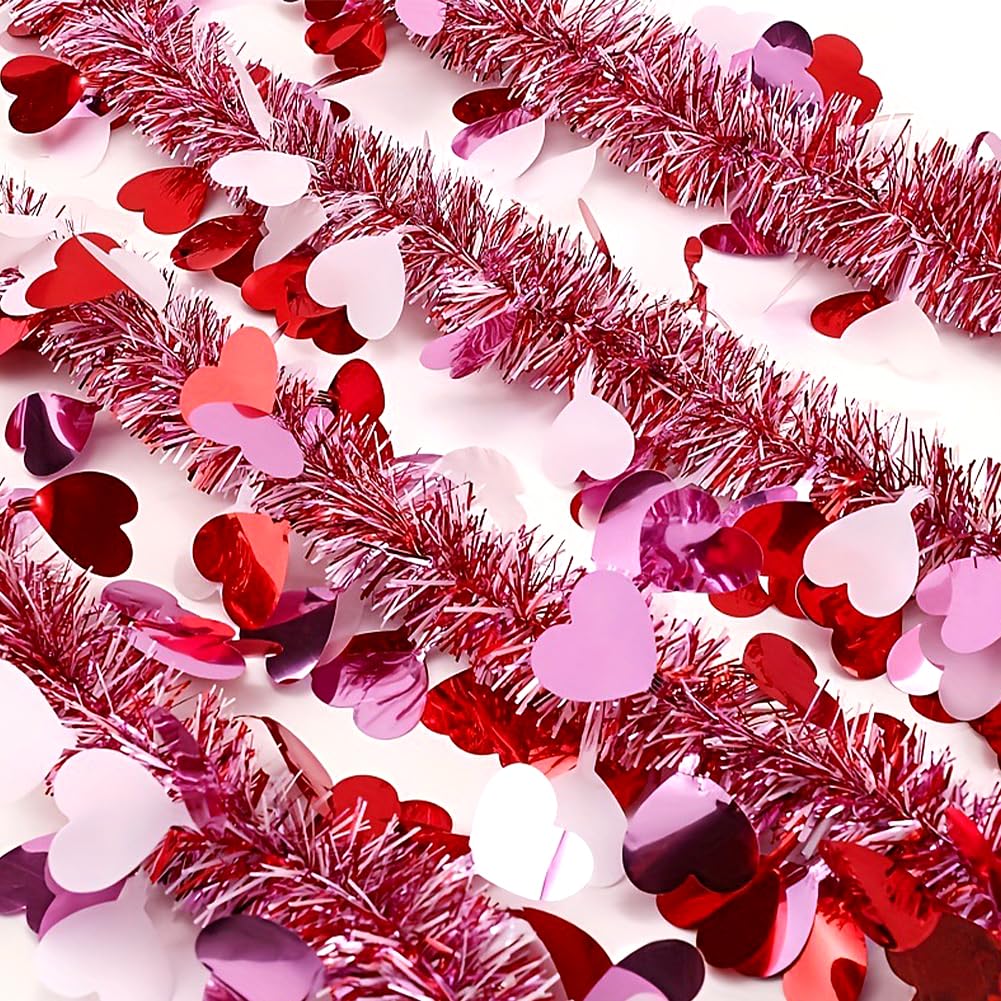 2Pcs Valentine's Day Tinsel Garlands 66FT Metallic Fringe Garland with Pink Hearts Glitter Streamers for Wedding, Engagement, Anniversaries, Romantic Love Valentines Day Decorations