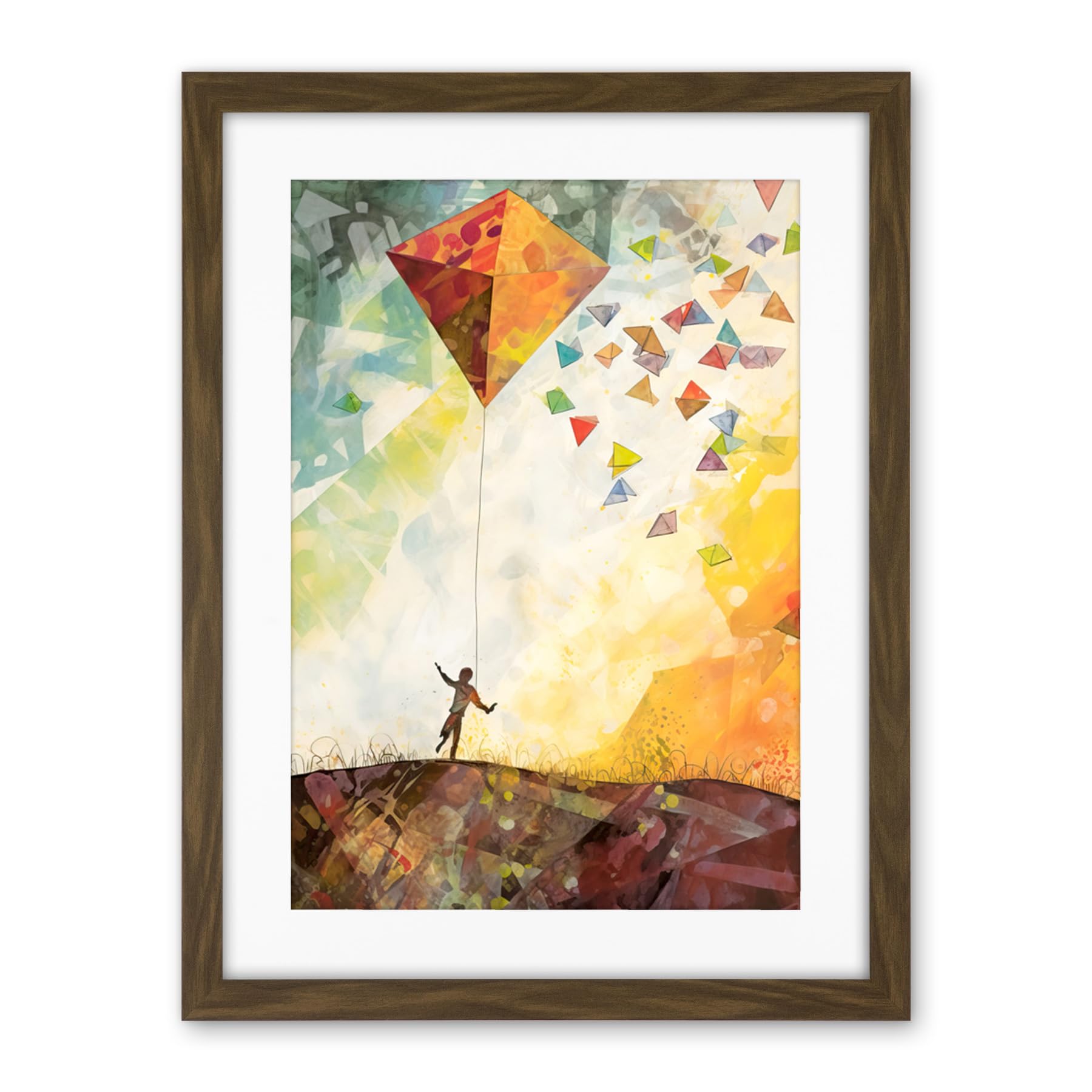 Artery8 Child Flying Big Kite in Rainbow Colour Sunset Sky Artwork Framed Wall Art Print 18X24 Inch