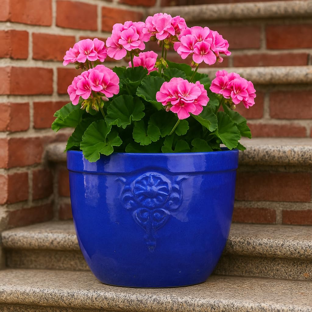 Steinzeug-Blumentopf/Pflanzkübel Blumenemblem Blau 32x28cm frostfest