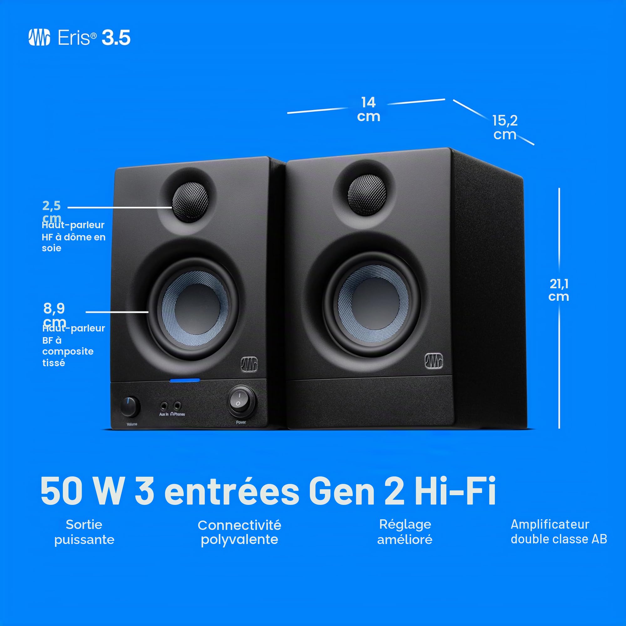 PreSonus Eris 3.5 Gen 2, Enceintes Actives 3,5" de Bureau pour Multimédia, Gaming, Production Musicale de Qualite Studio, Puissance de 50 W