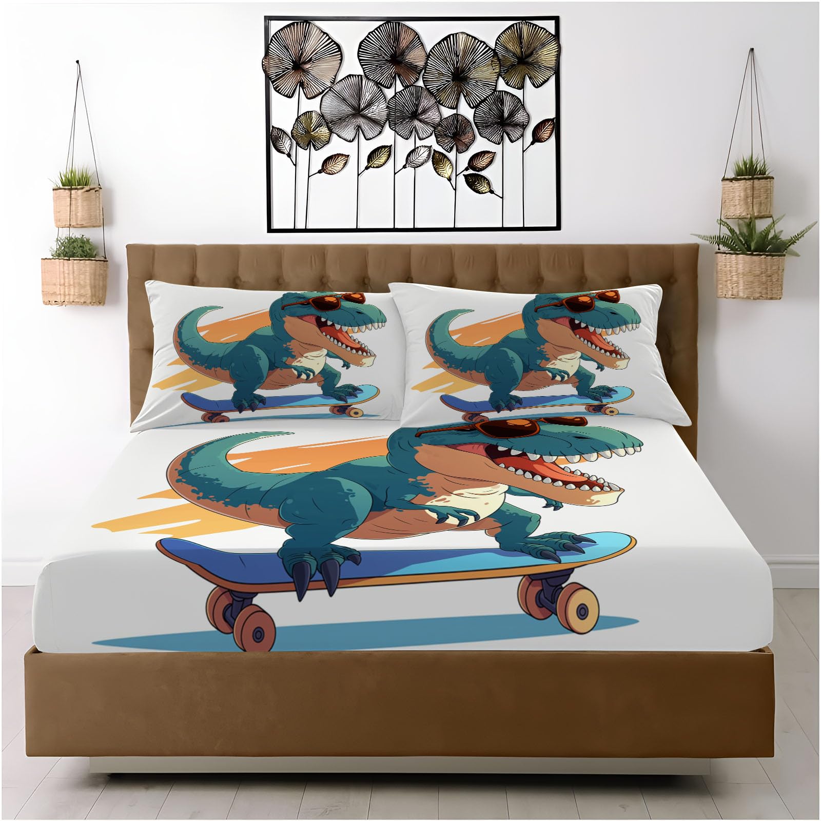 Lenzuola Letto Matrimoniale 140X200Cm Poster Di Dinosauri Lenzuolo Con Angoli In Microfibra - Profondità 30 Cm, 3D Stampa Animali Dei Cartoni Animati Coprimaterasso Traspirante E Lavabile Federe
