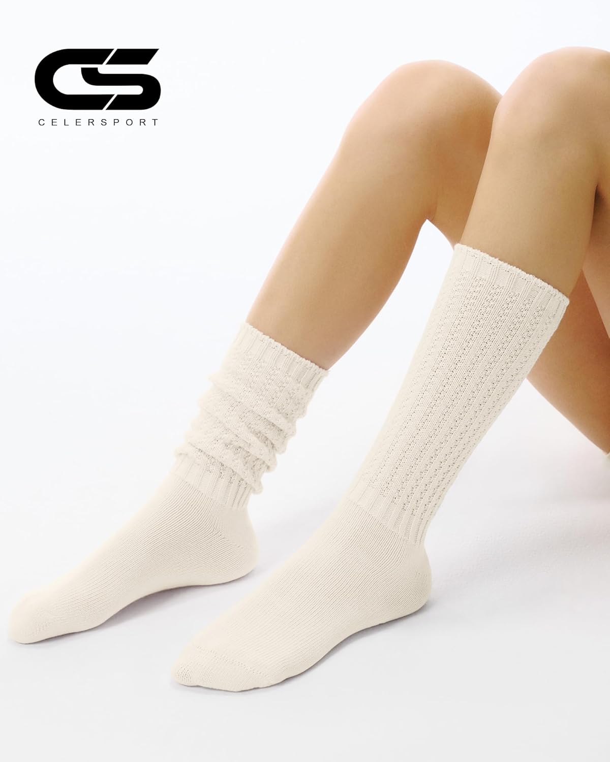 CS CELERSPORT Women's Slouch Crew Socks Scrunch Knit Cotton Calf Tube Socks 3 Pairs - Image 4