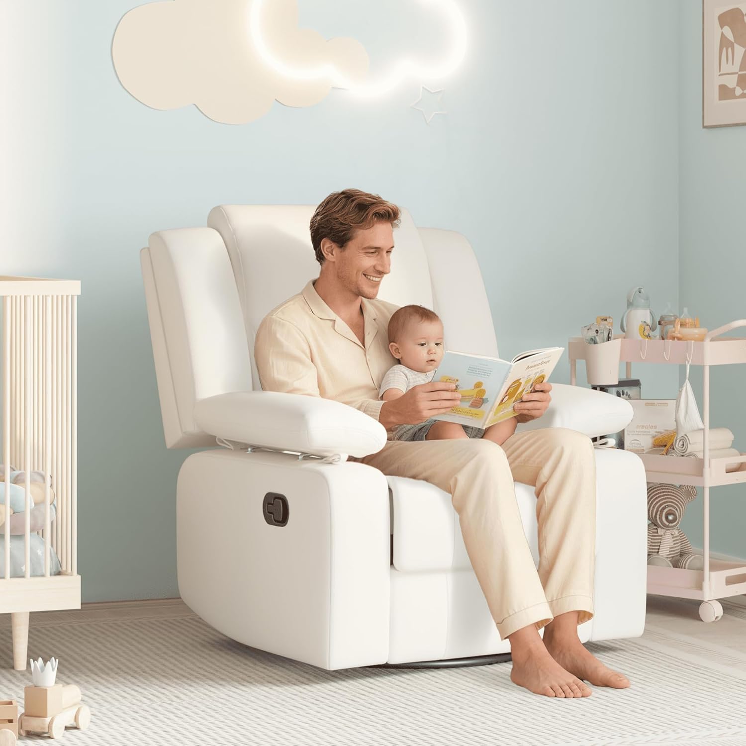 AILEEKISS Nursery Glider Recliner Chair with Adjustable Armrests, Swivel Rocking Recliner for Breastfeeding Moms, 360° Swivel, 30° Rocking, 90°-160° Recline, Easy-Clean Nursery Chair(White)