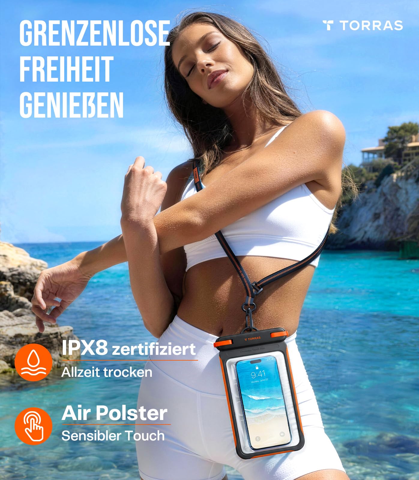 TORRAS Modell 2026 IPX8 Wasserdicht-Experte wasserdichte Handyhülle, [Touch-sensitiv unter Wasser], schwimmend, 100% Wasserdicht, für Strand, Schnorcheln, Schwimmen und Wassersport, 7.9", Schwarz